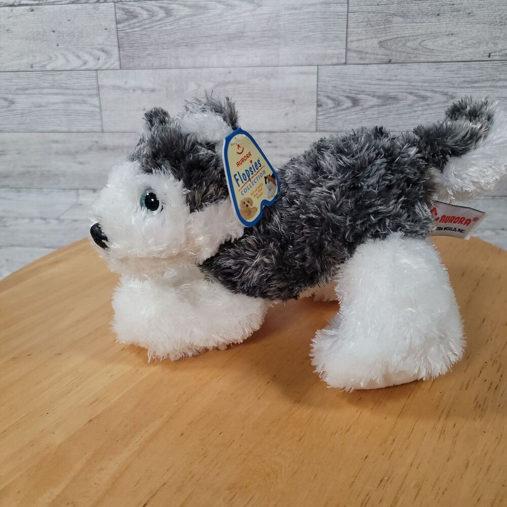Aurora Flopsies 9" Gray and White Husky Dog Plush Stuffed Animal Soft Cuddly Toy - Picture 5 of 11